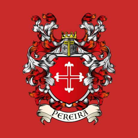 A Pereira coat of arms: a red shield bearing a white cross flory, topped by a crowned helm with red-and-white mantling, above a banner reading PEREIRA